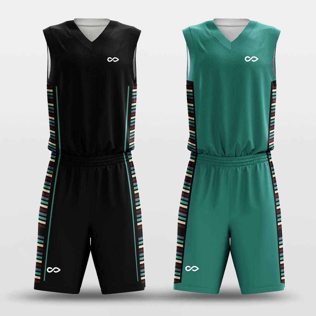 Custom Black Green Tribal Line Basketball Jersey Set Reversible Uniform