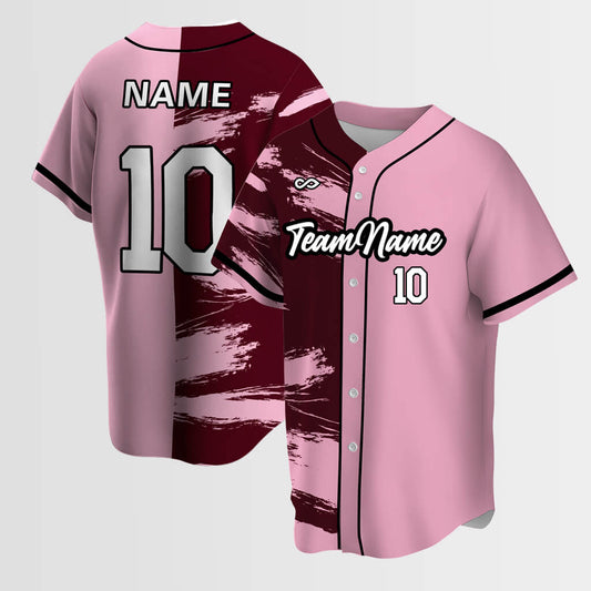 Customized Pink Color Block Sublimated Button-Down Baseball Jersey