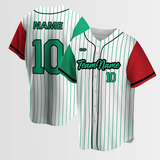 Customized Red Green Striped Sublimated Button-Down Baseball Jersey