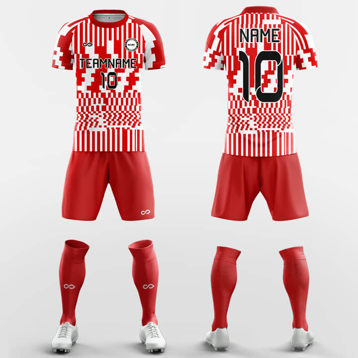 Custom Red Pixels Print Uniform Soccer Sets Jersey Kit